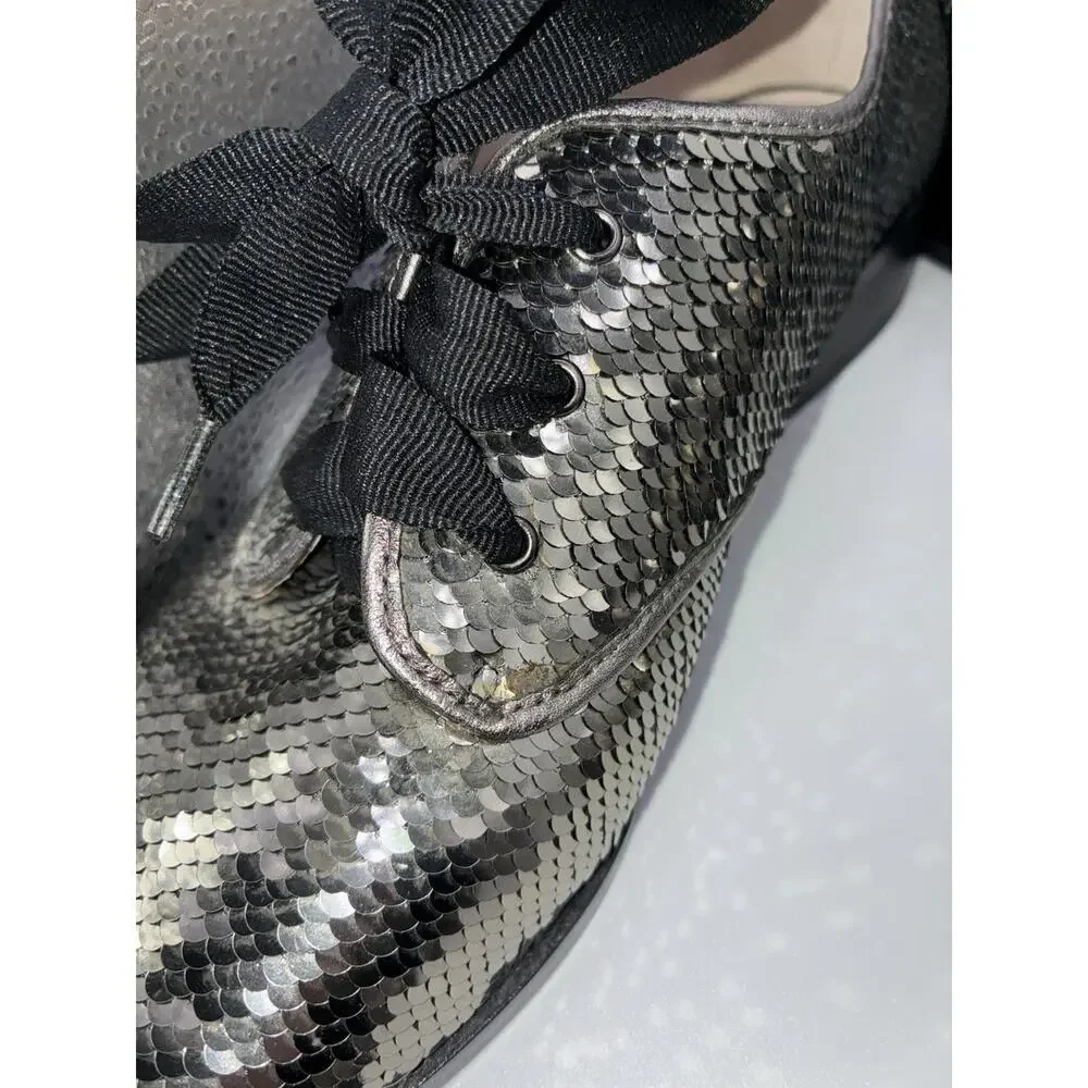 Louise et Cie Lo-Adwin Sequin Oxford Flats Women 8M Silver Gunmetal Lace Up